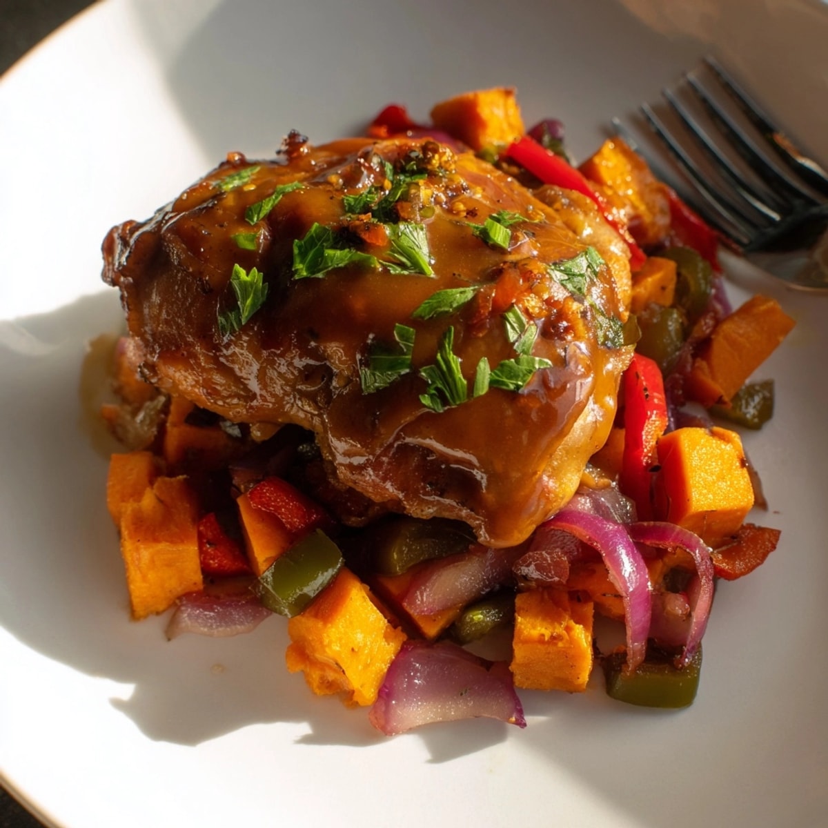 Poulet à l'érable et bourbon sur un hash de patates douces fumant, prêt à être dégusté.