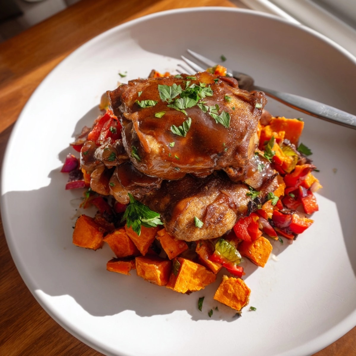 Assiette remplie de poulet à l'érable et au bourbon, arrosé sur un hachis savoureux de patates douces.