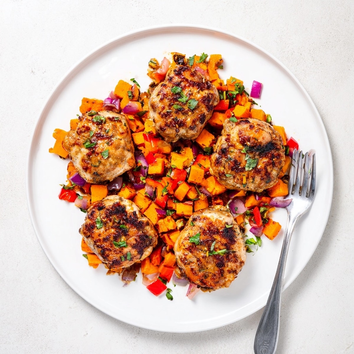 Vue rapprochée d'un poulet à l'érable et au bourbon brillant servi sur un hash coloré.