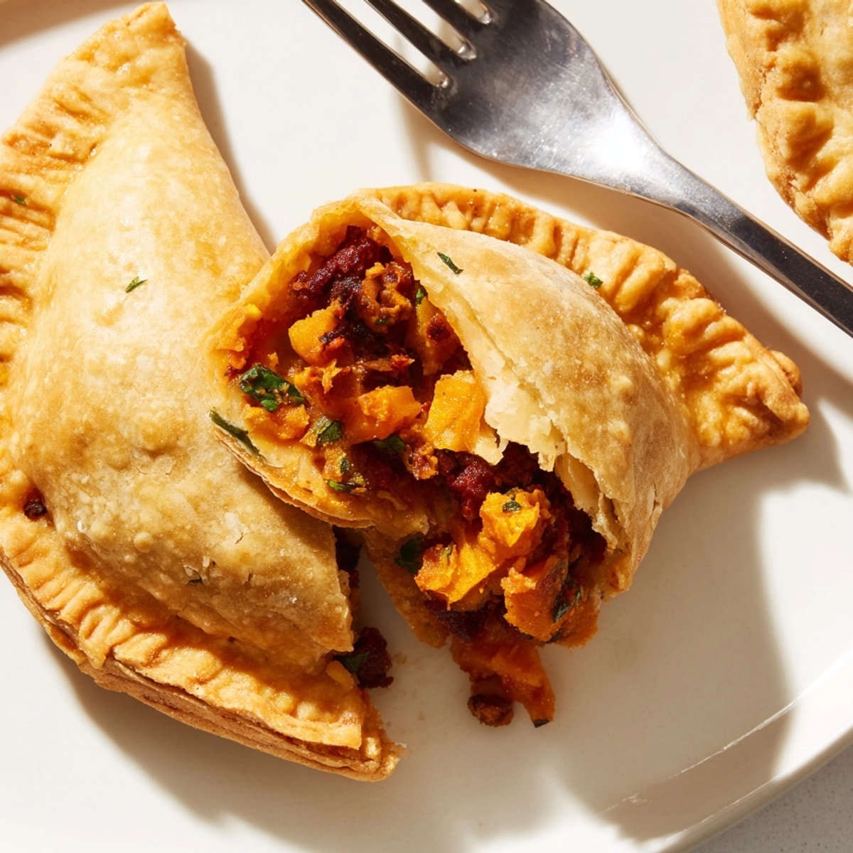 Empanadas épicées à la citrouille et au chorizo dorées et feuilletées, parfaites en apéritif.