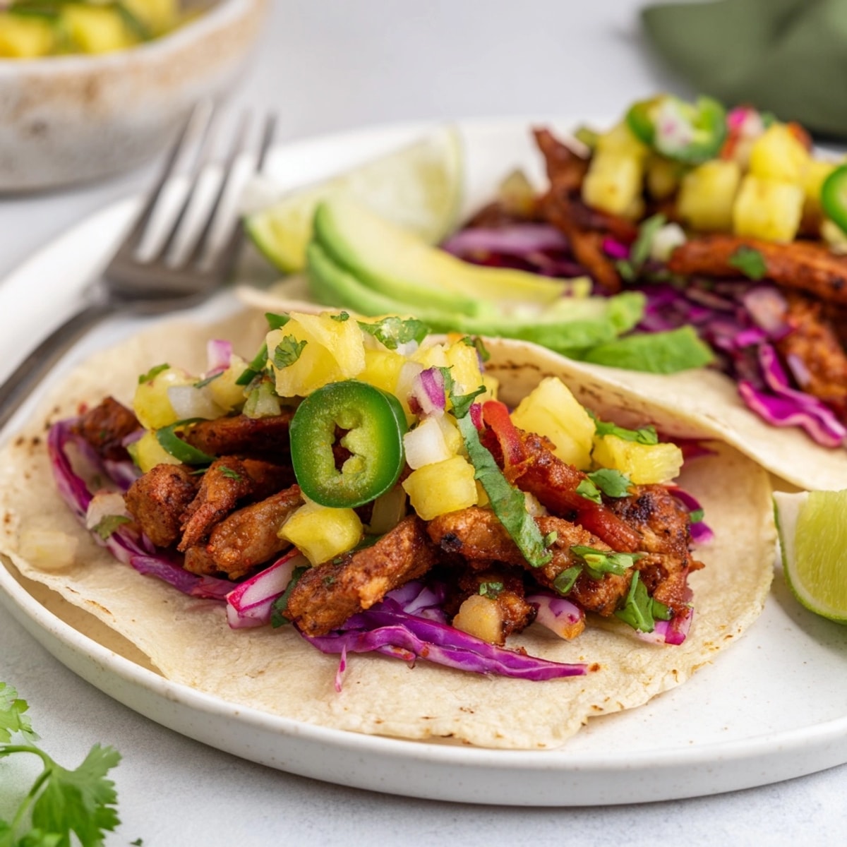 Tacos au porc, ananas sucré et épicé : une explosion de saveurs mexicaines.
