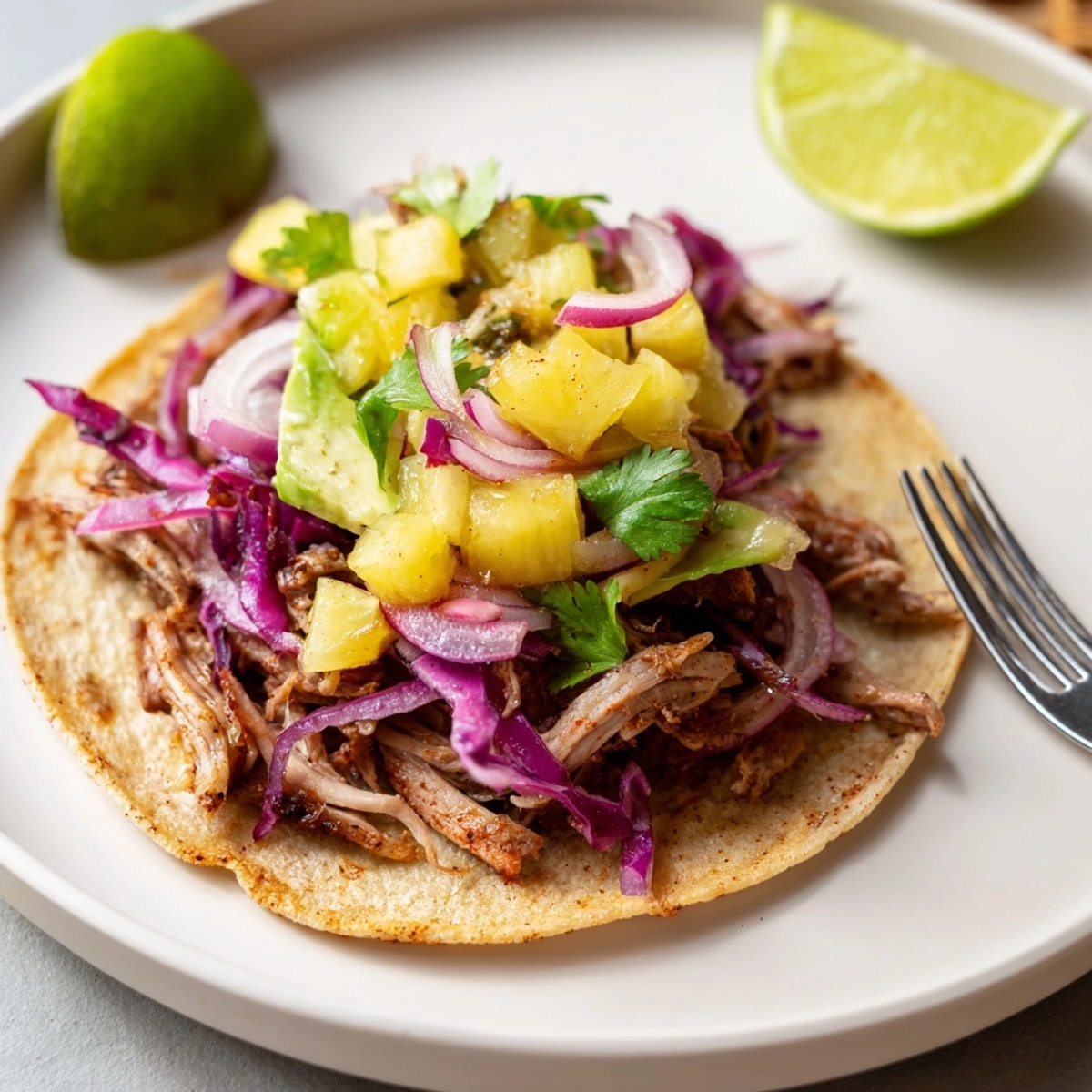Préparation des tacos « sucré et épicé » à l'ananas et au porc, garnis garnis de salsa fraîche.