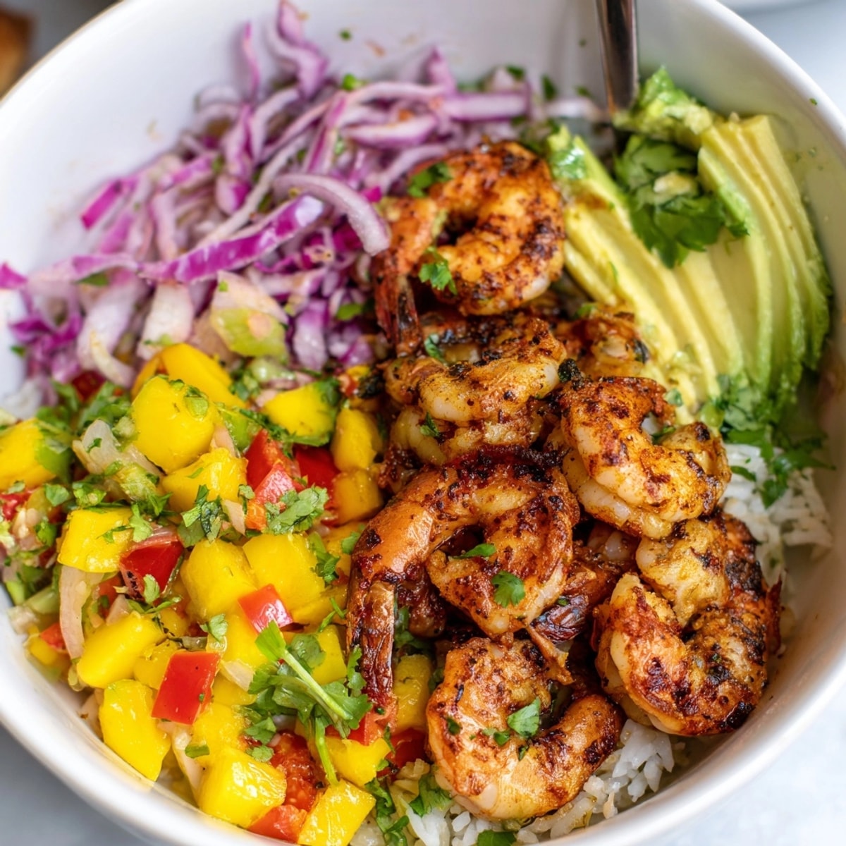 Bol crémeux aux crevettes, citron vert et salsa de mangue débordant de saveurs tropicales fraîches.