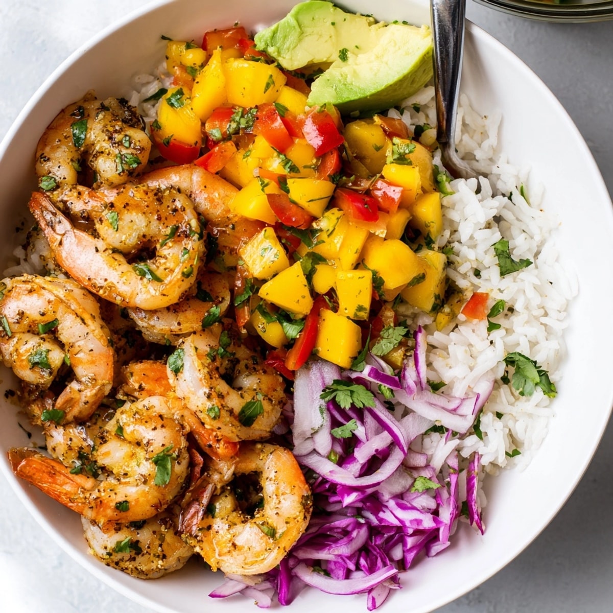 Bol de riz à la crevette et à la salsa de mangue : un délice sucré, acidulé, et savoureux.