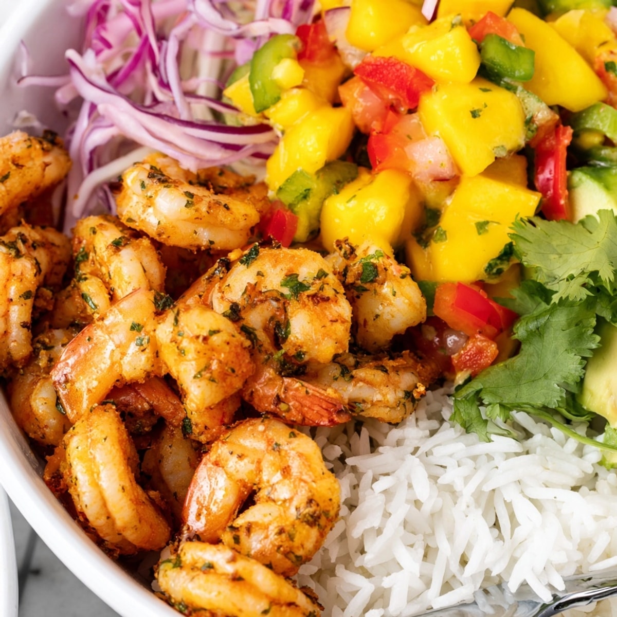 Crevettes au citron vert et salsa de mangue fraîche posées sur un lit de riz moelleux.