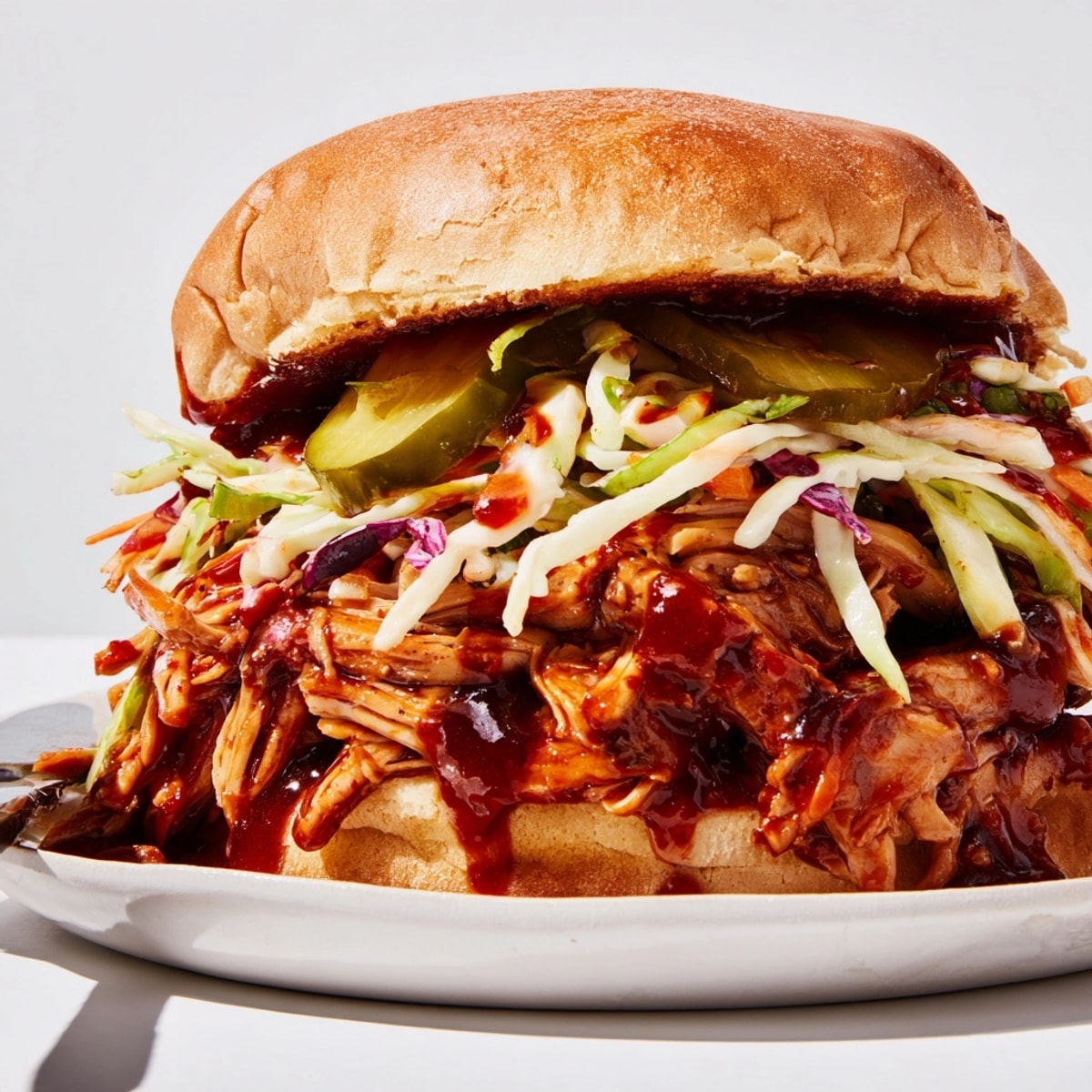 Jacquier BBQ mijoté, servi sur pain grillé avec de la salade de chou crémeuse, un délice de sandwich.