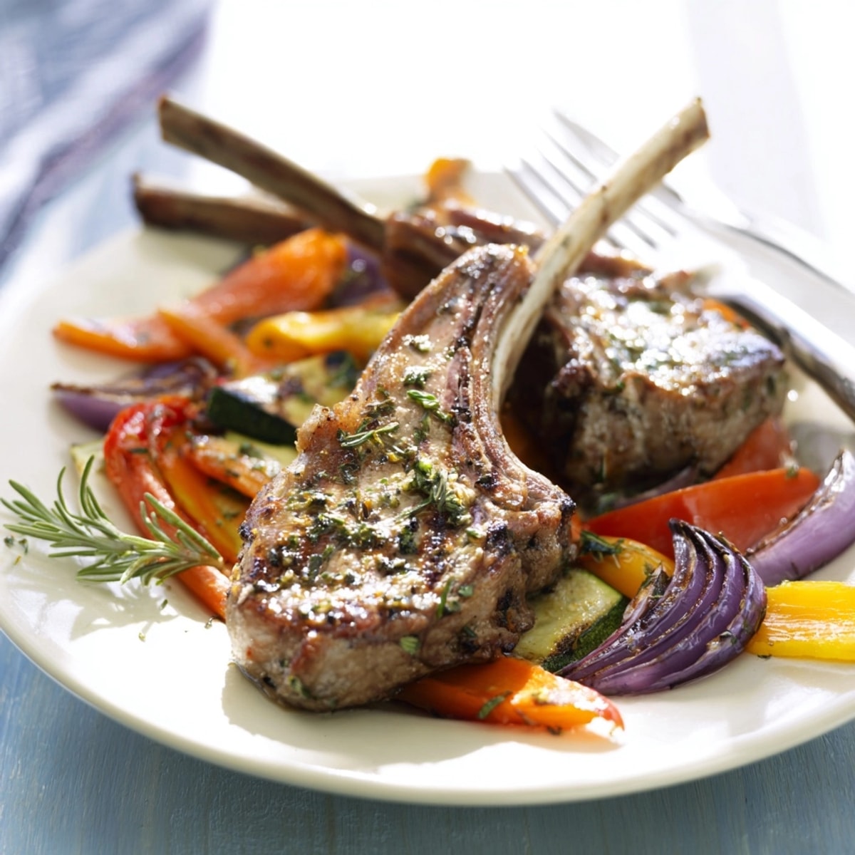 Tendres côtelettes d'agneau aux herbes citronnées avec une poêlée de légumes rôtis vibrants.