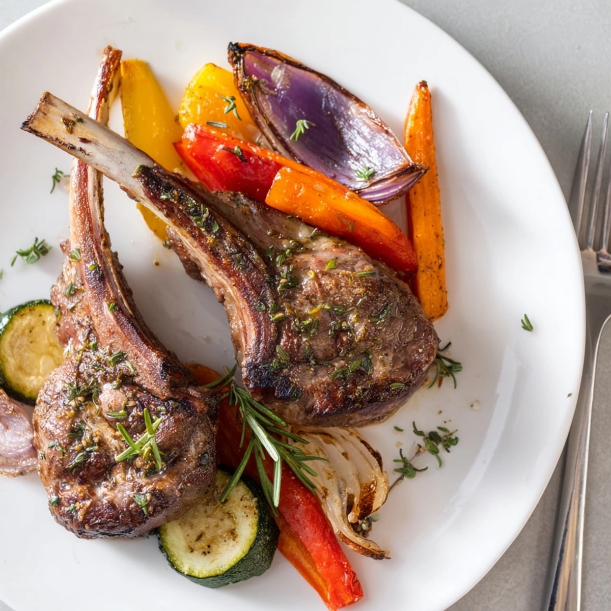 Savourez les côtelettes d'agneau, leur marinade de citron et d'herbes, servies avec des légumes dorés.