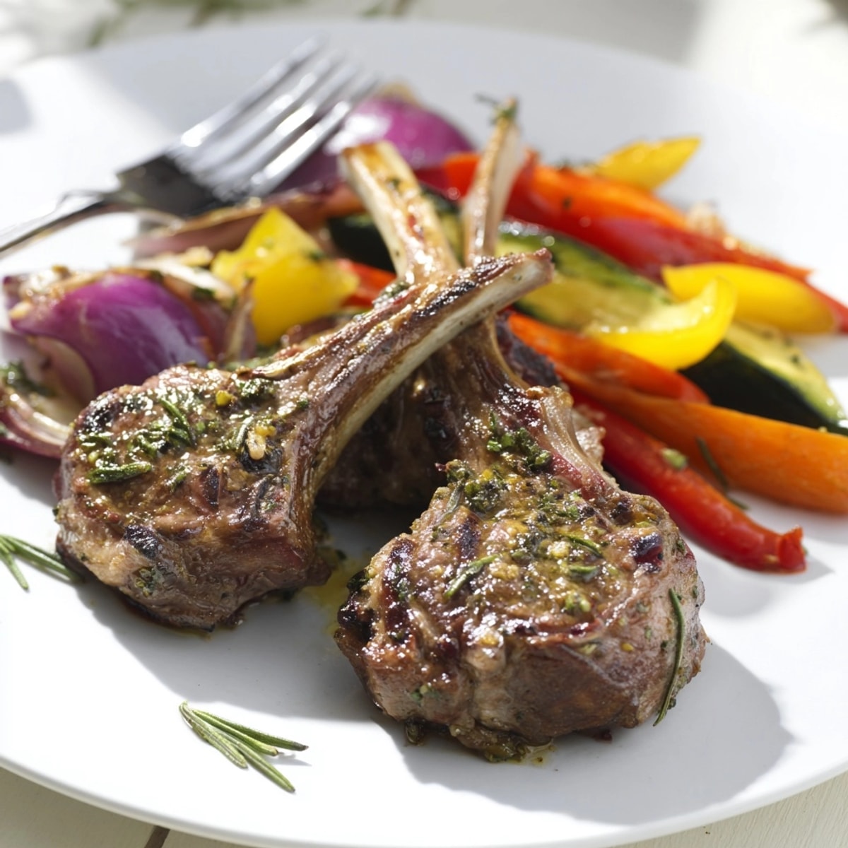Côtelettes d'agneau aux herbes citronnées juteuses, avec des légumes grillés colorés, un festin méditerranéen.