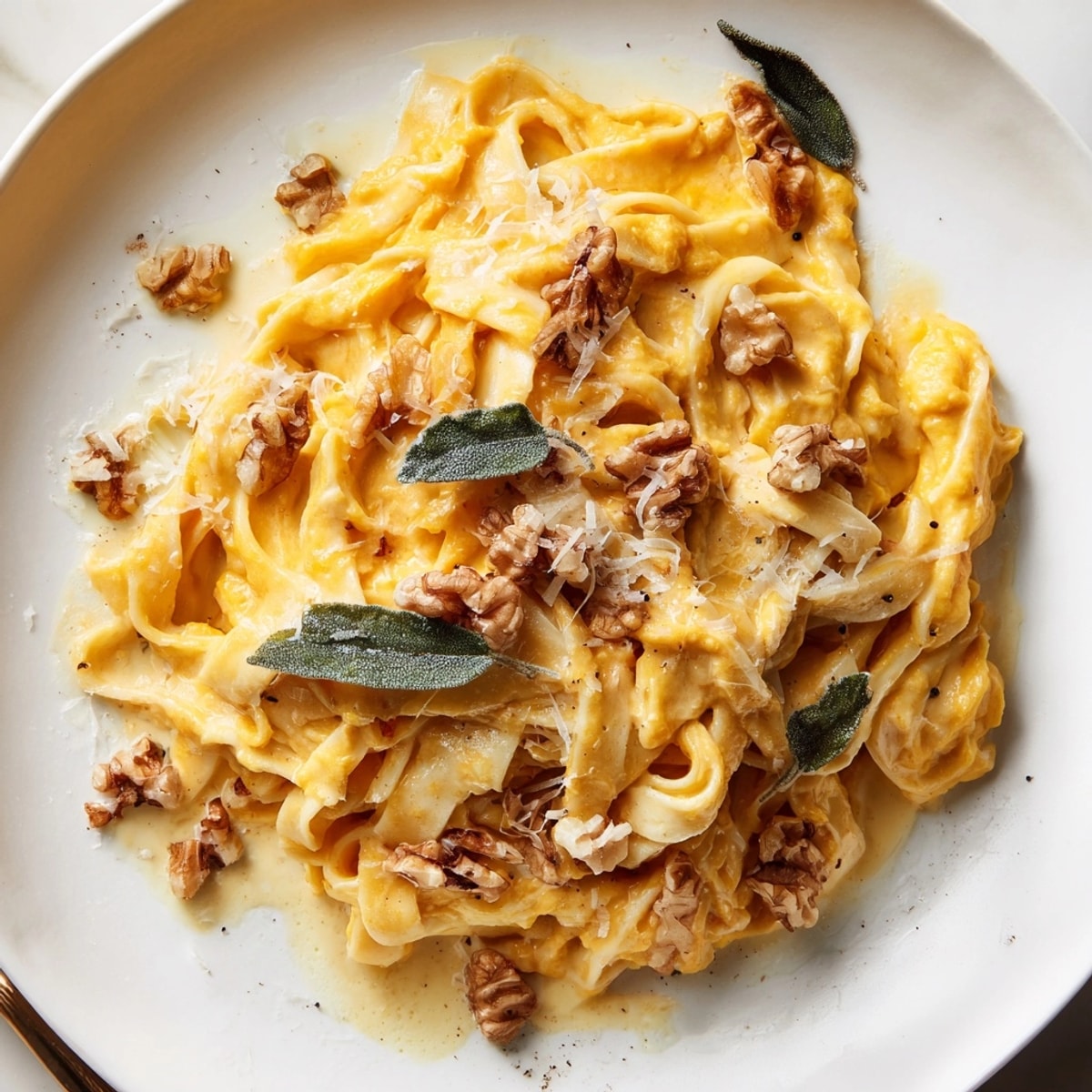 Pumpkin Pasta chaude et crémeuse avec des noix croquantes et de la sauge parfumée.