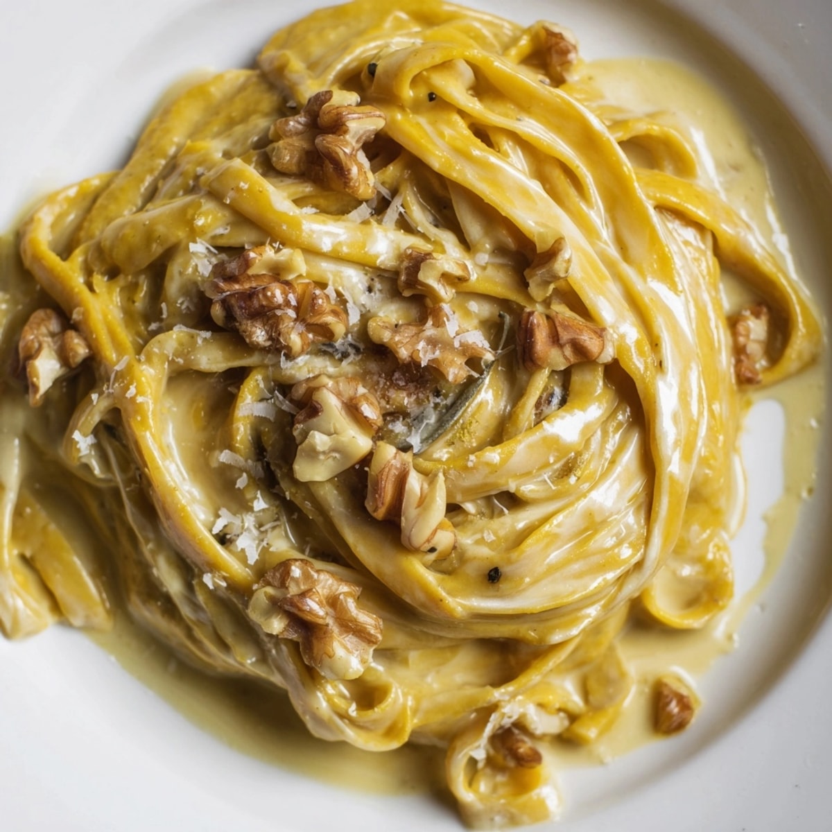 Une assiette de Pumpkin Pasta onctueuse avec de la sauge et des noix grillées.