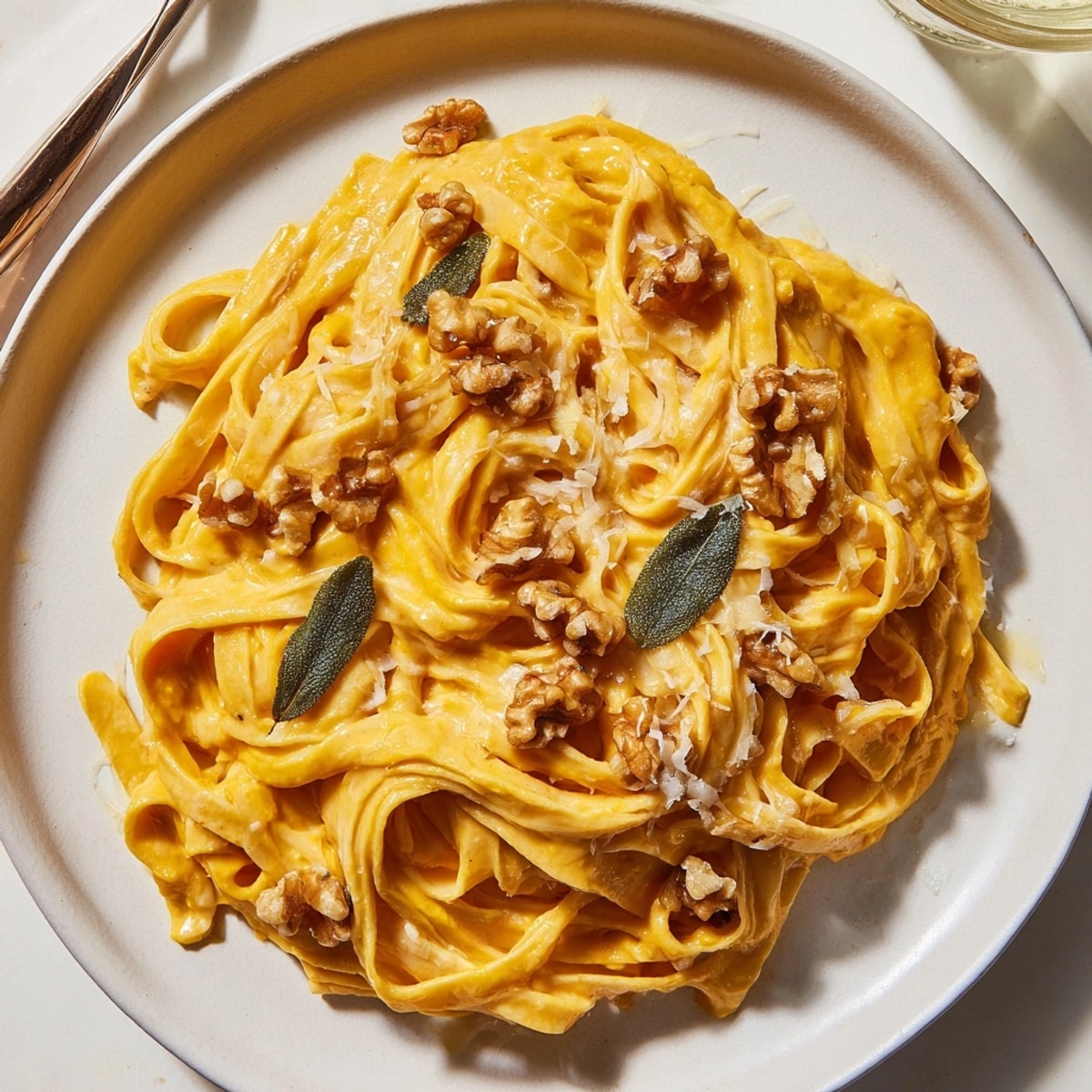 Vue alléchante de Pumpkin Pasta, un plat d'automne réconfortant garni de noix.
