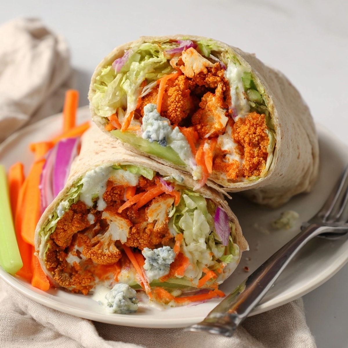 Des Buffalo Cauliflower Wraps faits maison avec de la sauce piquante et de la vinaigrette au fromage bleu.