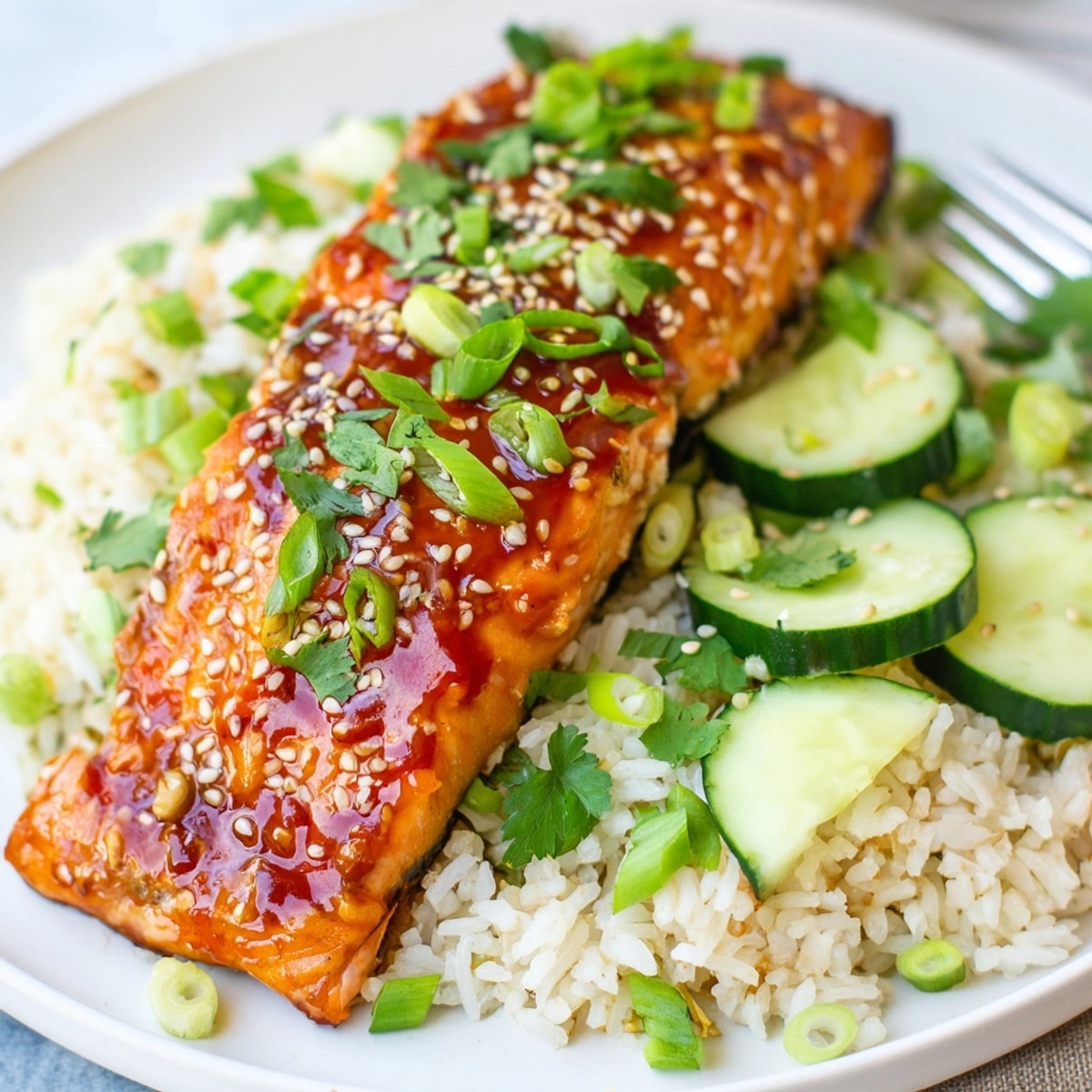 Poisson Sriracha Glacé & Riz aux Concombres: Saumon brillant, glaçage rouge sucré-épicé.