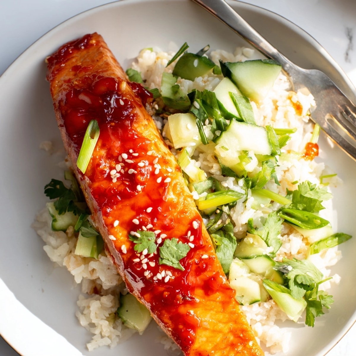 Poisson Sriracha Glacé & Riz aux Concombres: Poisson cuit au four, arôme d'ail et de concombre.