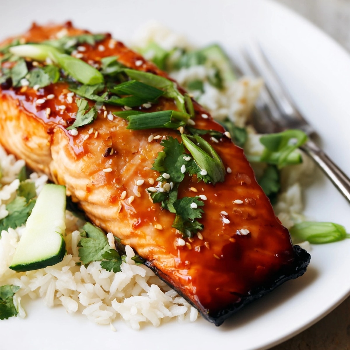 Savourez un Poisson Sriracha Glacé & Riz aux Concombres, un repas simple, sain et coloré.