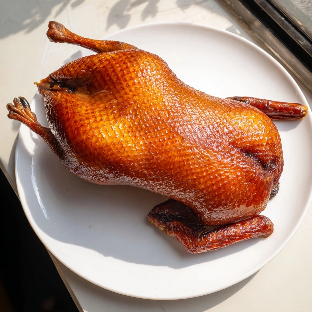 Golden-skinned roasted duck, tender and juicy, ready for carving on a serving platter.