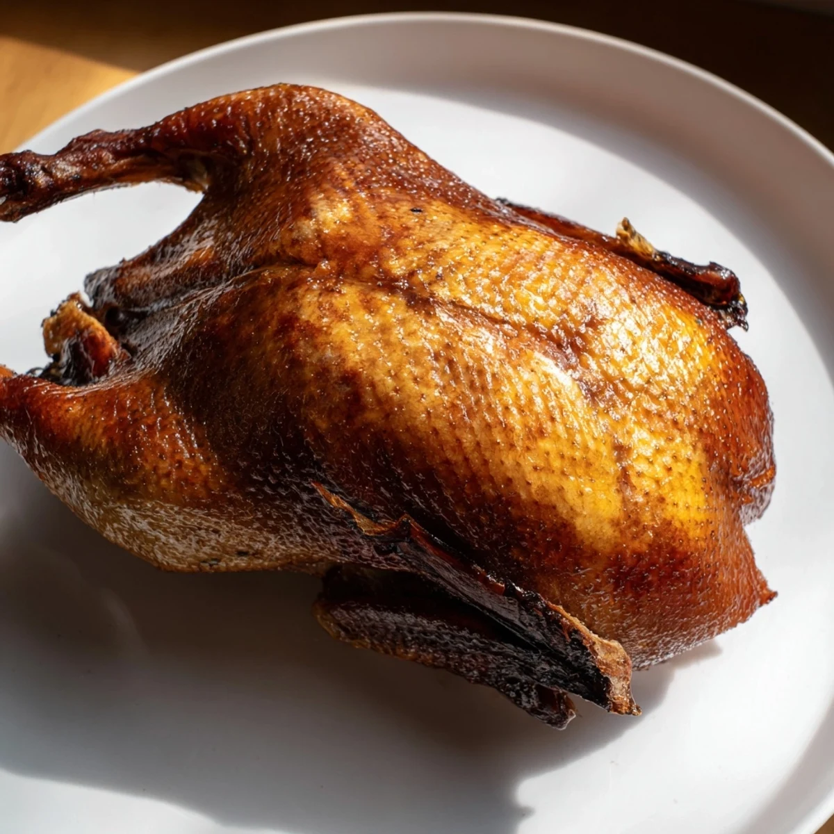 Crispy-skinned roasted duck, with a honey-soy glaze, served with fresh orange wedges.