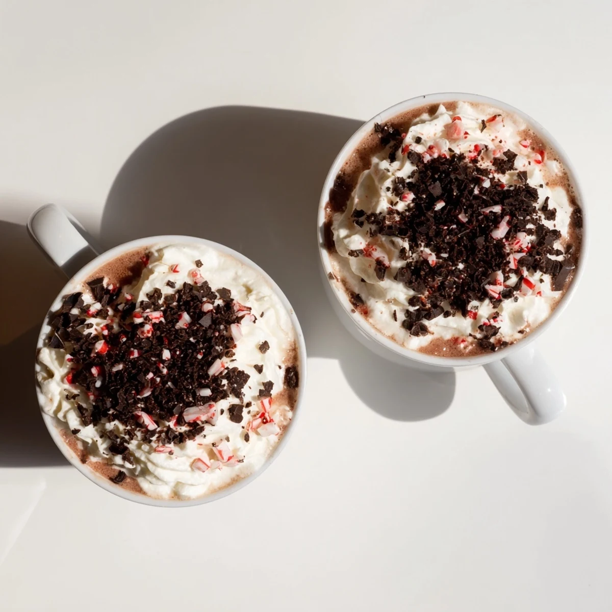 A steaming mug of peppermint mocha, beautifully garnished with chocolate shavings; a delicious beverage.