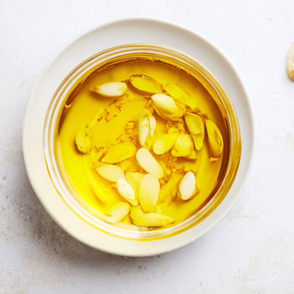 Huile d'ail maison brillante, infusée avec des gousses de délices, parfaite pour assaisonner des légumes grillés.