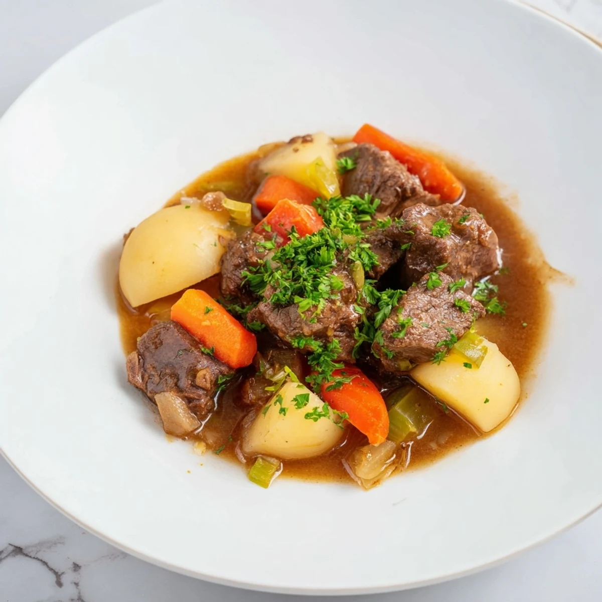Tender chunks of beef stew simmer in a rich, flavorful broth with root vegetables.