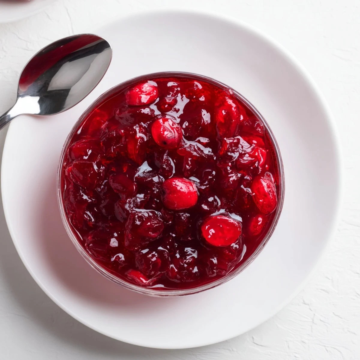 Bright red cranberry jelly glistening on a white plate, perfect for spreading on bread or crackers.