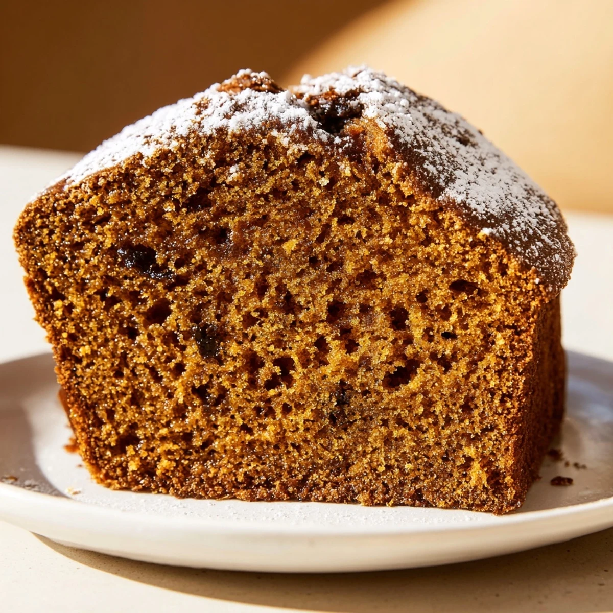 Moist gingerbread loaf with a dusting of powdered sugar, ideal for a tasty dessert.