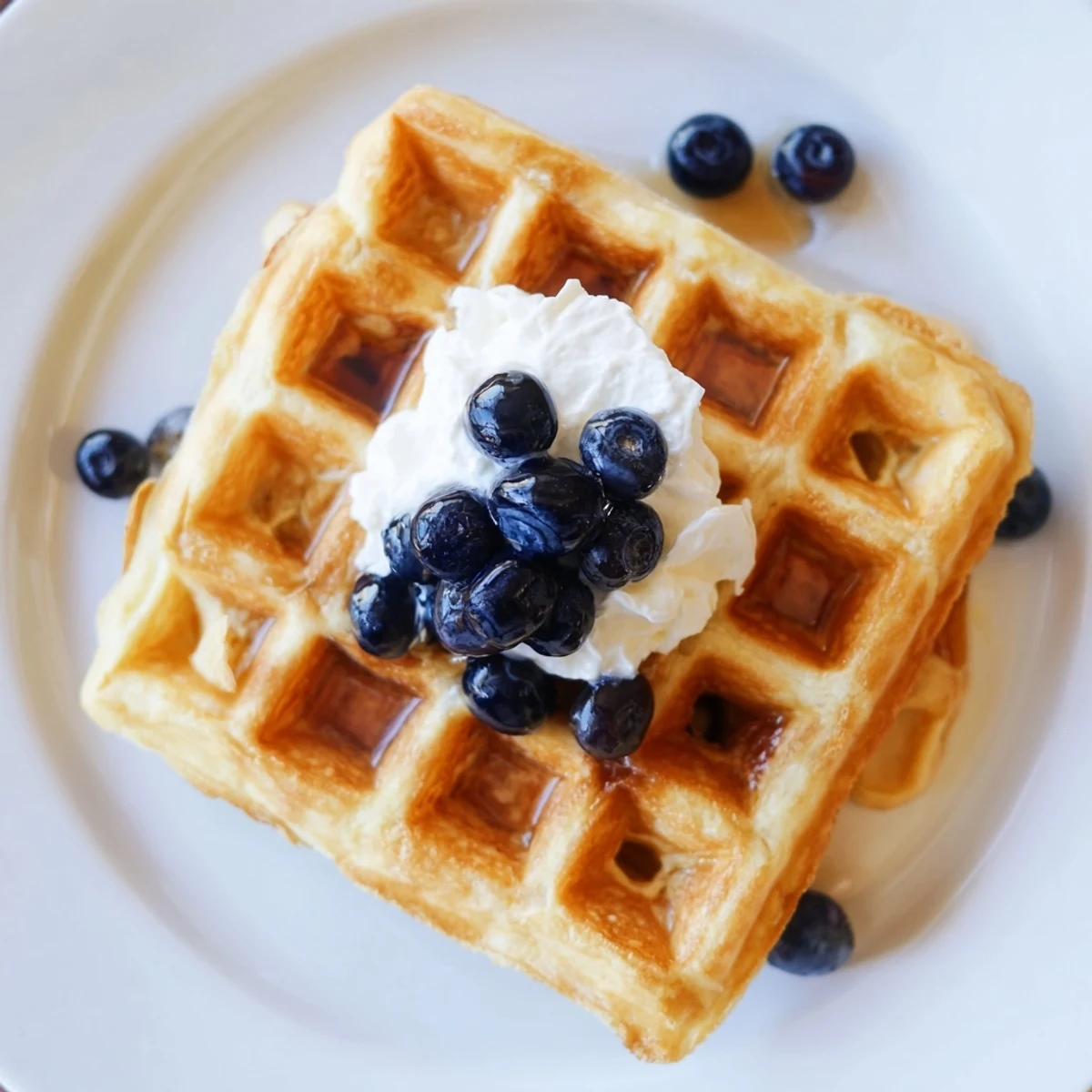 Golden, crispy waffles, ready and waiting, perfect for breakfast with fresh berries and maple syrup.
