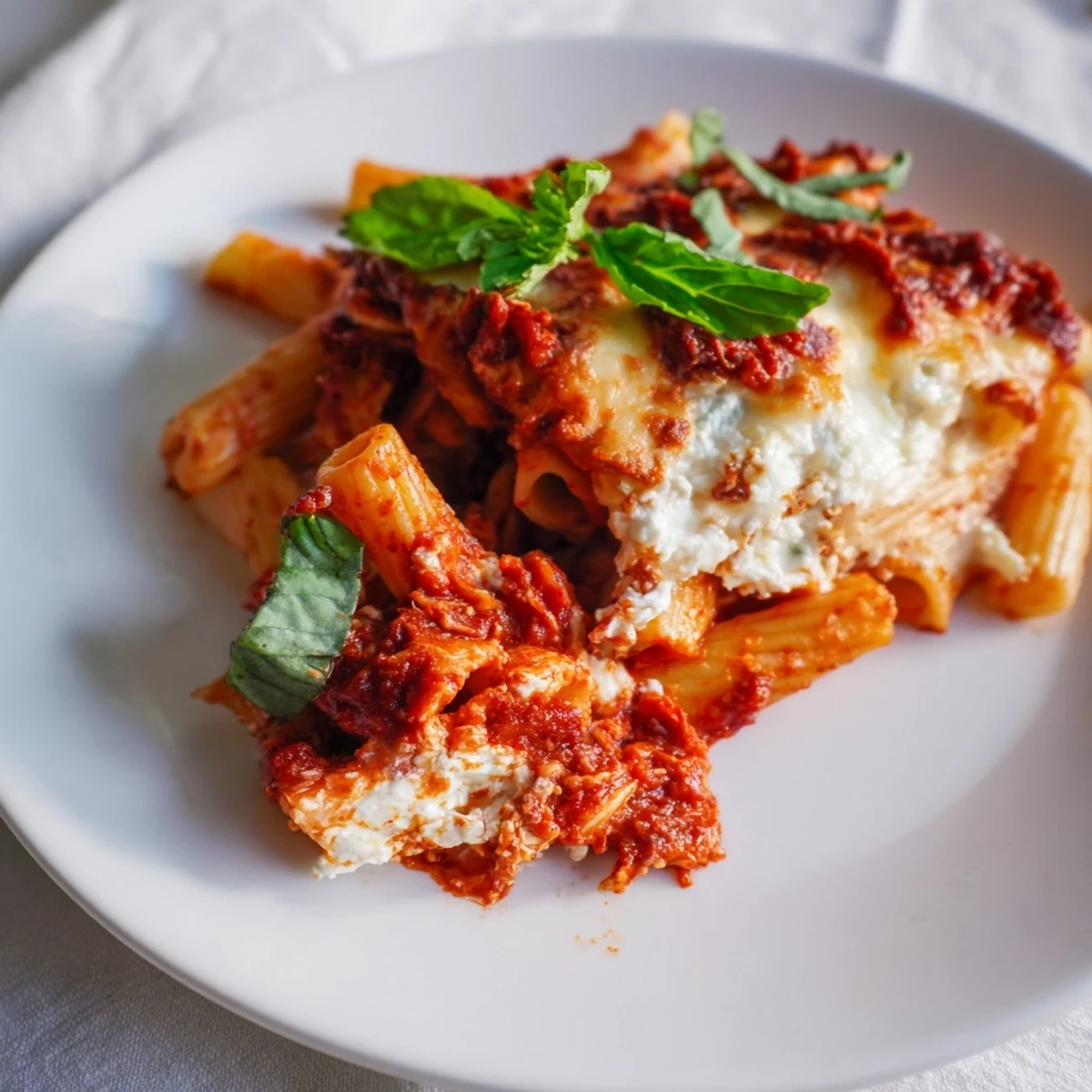 Baked Ziti bubbling in a casserole dish, a family favorite with melted cheese and fresh basil.