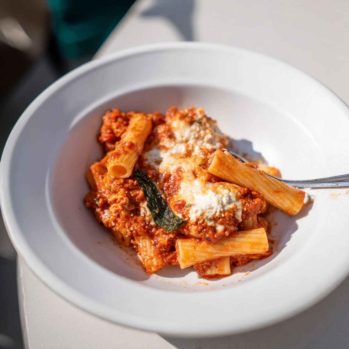 A close-up of a steaming Baked Ziti, showcasing the rich tomato sauce and gooey mozzarella.