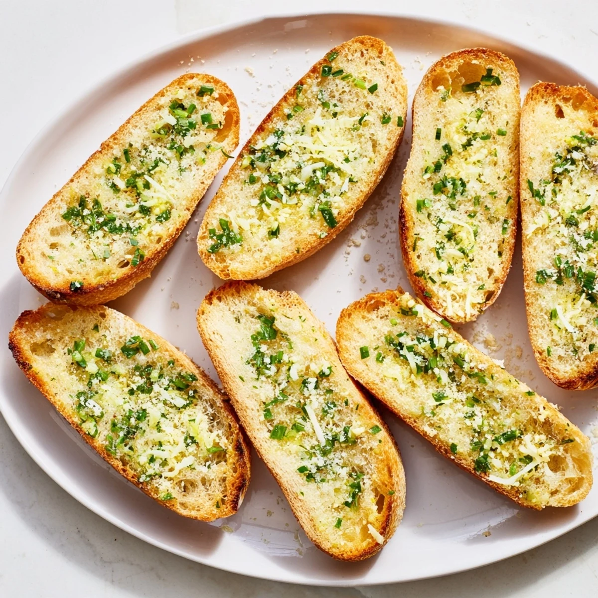 Golden-brown garlic bread slices with crispy edges, ready to enjoy with a warm meal.