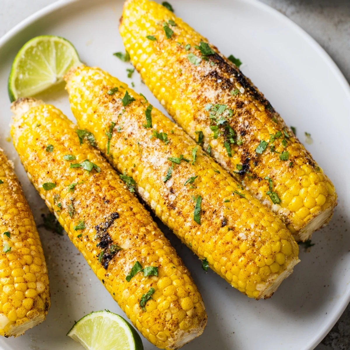 Hot, golden roasted corn with grill marks, ready to eat as a summery side.