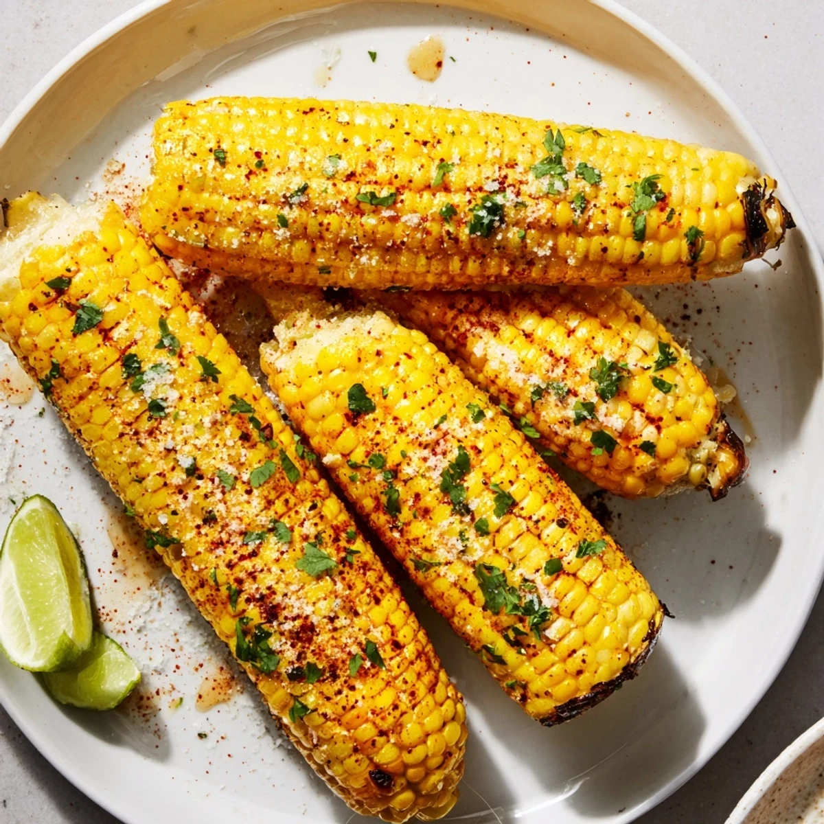 Close-up of freshly roasted corn on the cob, seasoned and ready for lime wedges.