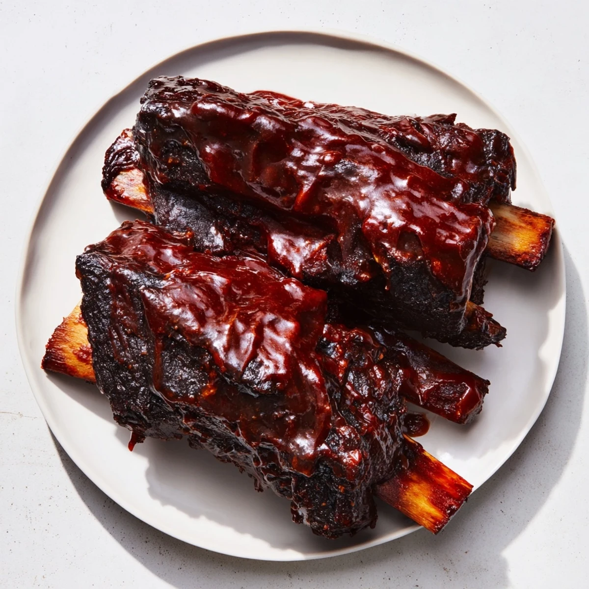 Juicy, slow-cooked beef ribs glistening with barbecue sauce, ready for a delicious American meal.