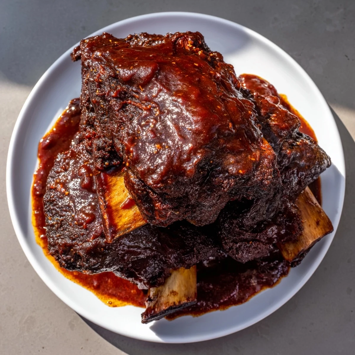 A close-up of savory beef ribs, showcasing a rich barbecue glaze, ideal for a hearty dinner.