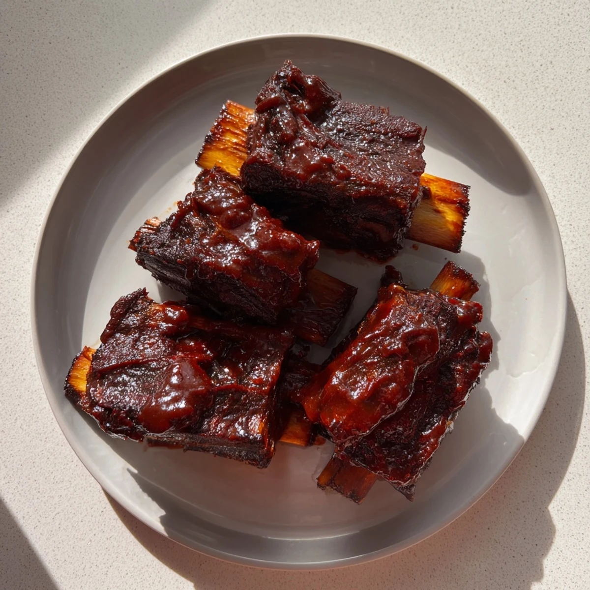Tender, falling-off-the-bone beef ribs, coated in smoky barbecue sauce, perfect for a summer BBQ.