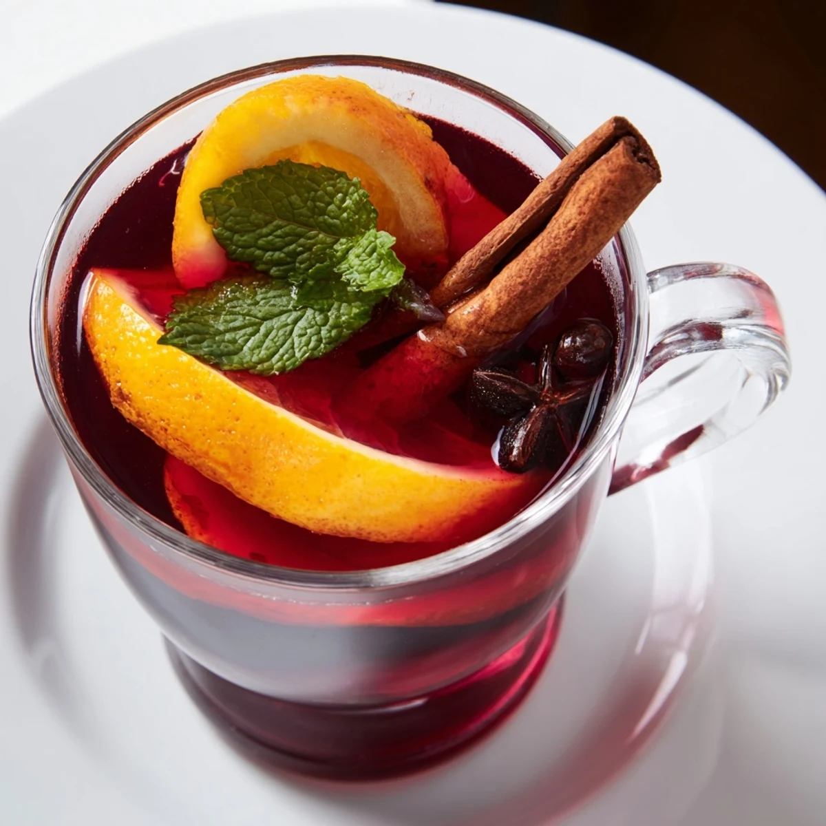 A steaming mug of Cranberry Tea, garnished with fresh mint, perfect for a cold day.
