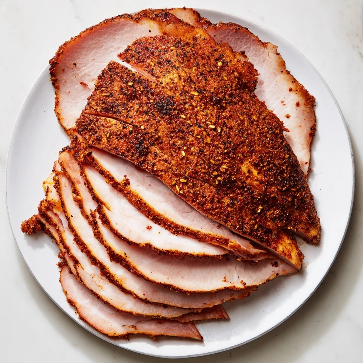Close-up of a homemade Spiced Turkey Ham, highlighting the tender texture and savory aromas.