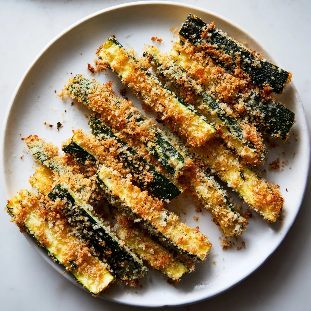 Golden-brown baked zucchini fries arranged on a baking sheet, ready to be served as a tasty side.