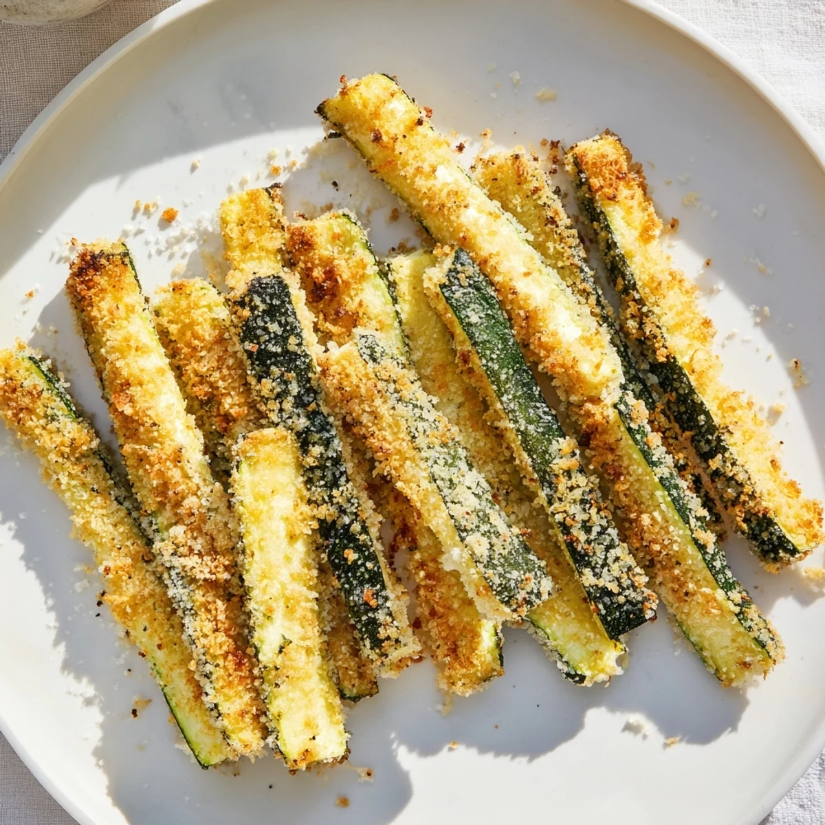 A close-up of oven-baked zucchini fries, showing the delicious, crunchy exterior and tender center.