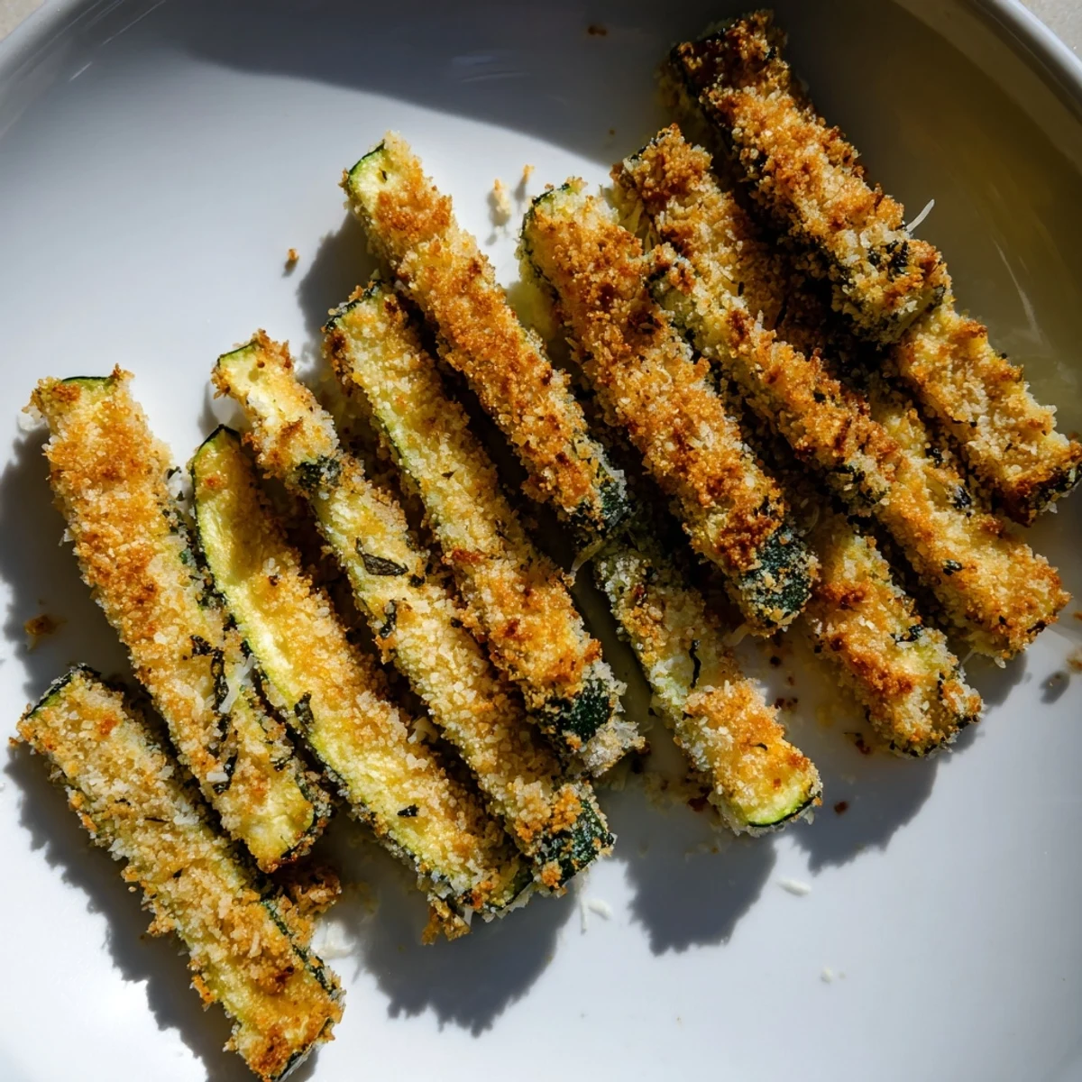 Crispy textured baked zucchini fries, seasoned with Parmesan and herbs, perfect for dipping in marinara.