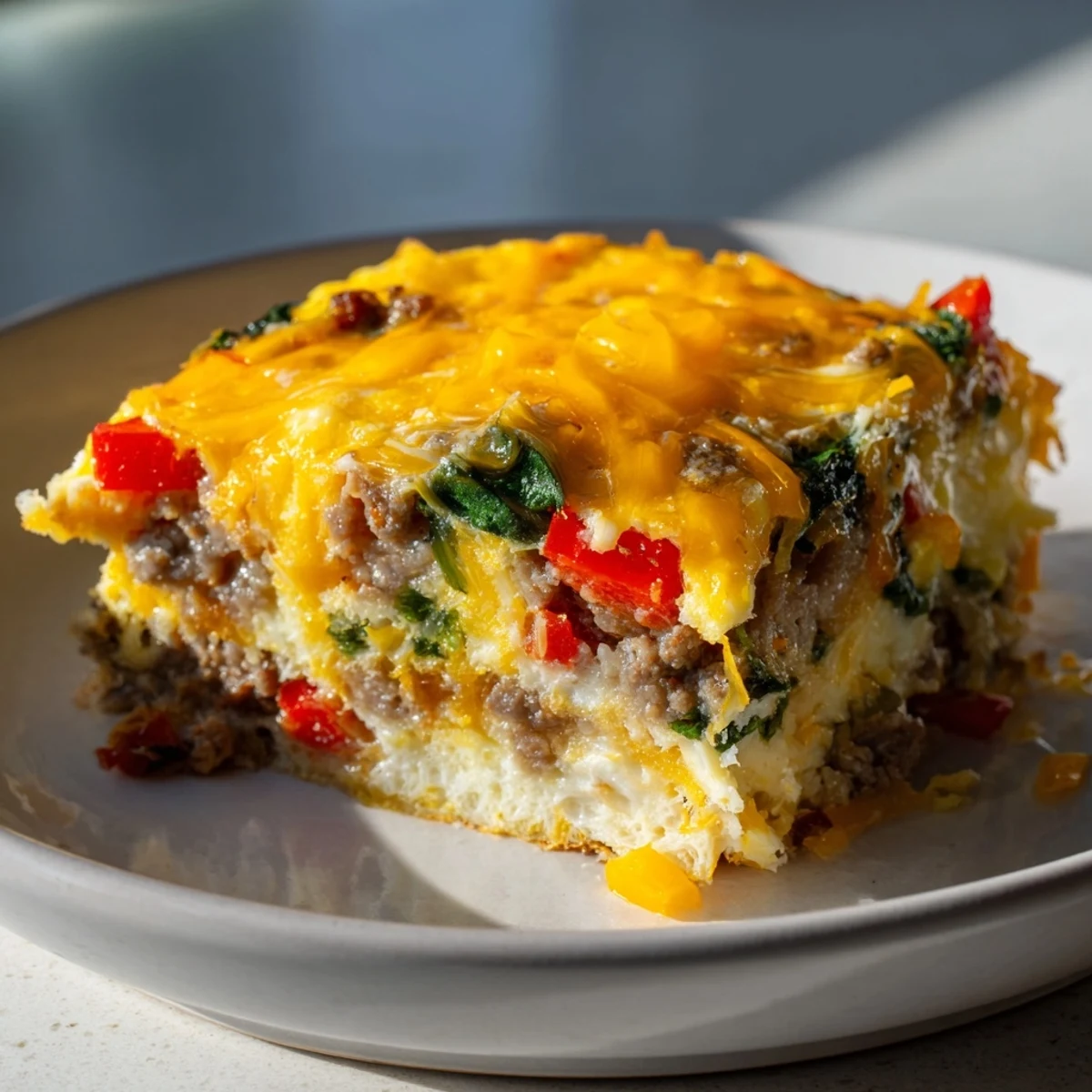A bubbly Savory Breakfast Casserole with golden cheese and herb-flecked sausage, ready to serve.