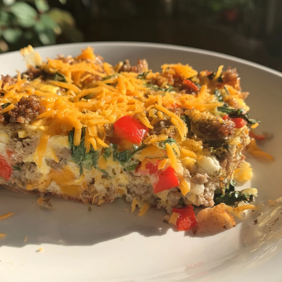 Close-up of a generously portioned Savory Breakfast Casserole, perfect for a hearty brunch spread.