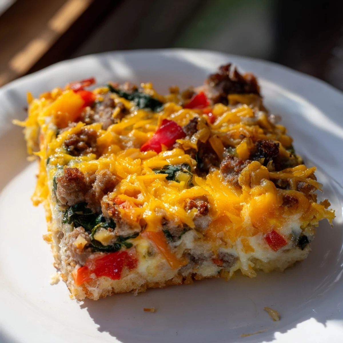 Warm, cheesy Savory Breakfast Casserole, a delightful mix of eggs, vegetables, and savory sausage.