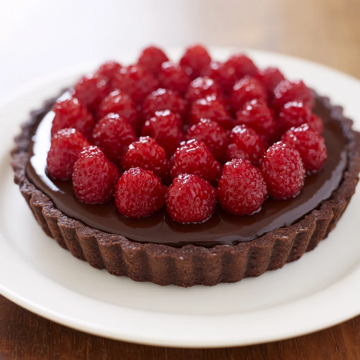 Rich, dark chocolate ganache filling of a Chocolate Raspberry Tart topped with vibrant red raspberries.