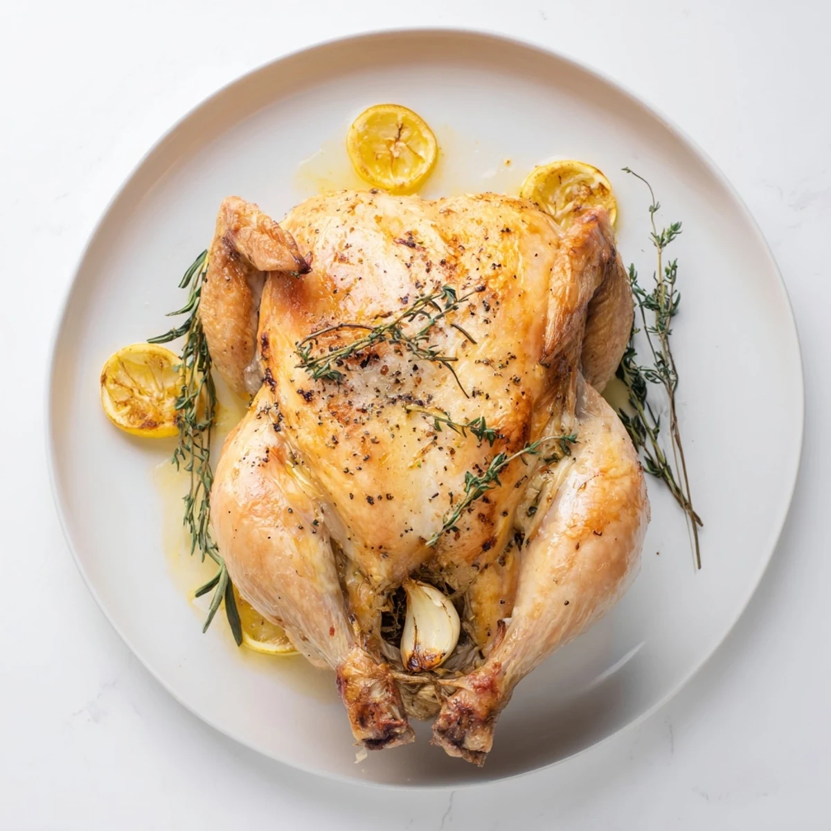 Juicy Roasted Chicken with Lemon, glistening from pan juices, presented with roasted vegetables alongside.