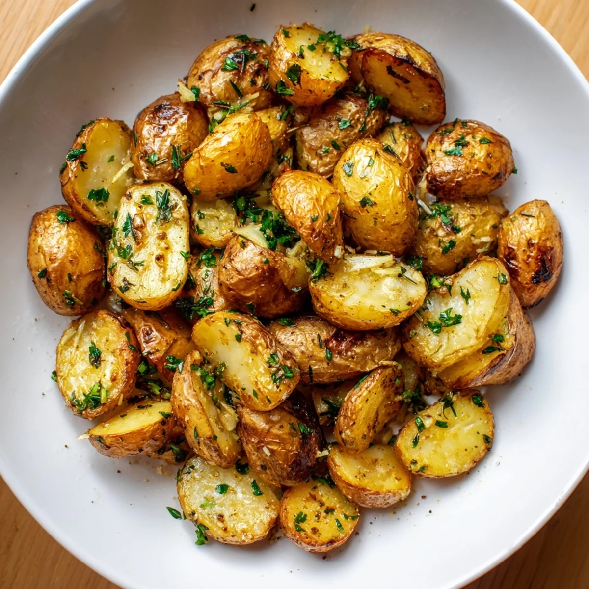 Golden, crispy Garlic Herb Roasted Potatoes, seasoned with fresh herbs, ready to be served hot.