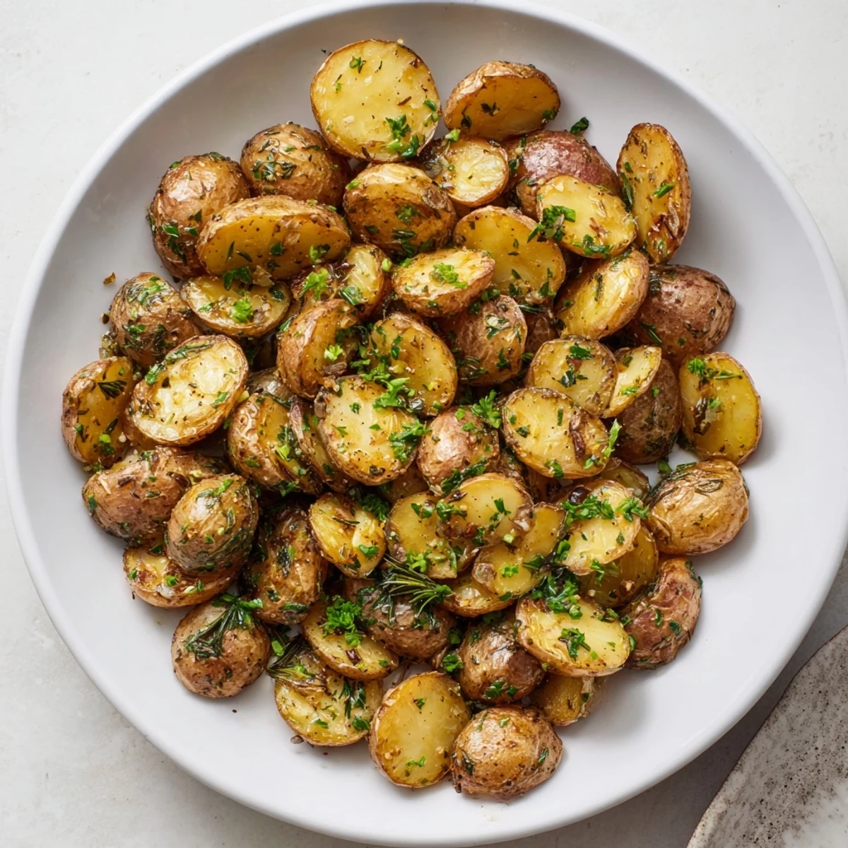 A close-up of Garlic Herb Roasted Potatoes, showing their perfectly roasted, golden-brown edges.