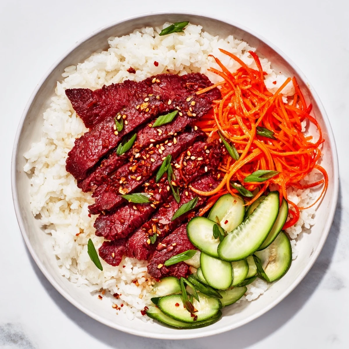 Steaming Spicy Korean Beef Bowl topped with fresh scallions and sesame seeds, ready to eat.