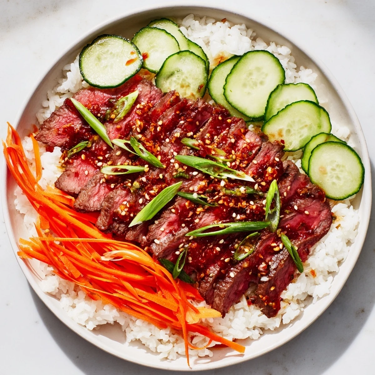 A close-up of a vibrant Spicy Korean Beef Bowl, featuring tender beef and colorful vegetables.